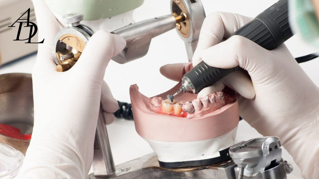 Dental Technician shaving down high spots on denture teeth.